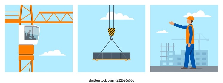 Construction site with builder and tower crane lifting a load. Vector illustration