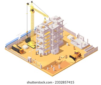 Construcción con constructores y vehículos especiales como grúa, tractor, camión. Proceso de construcción de edificios de varios pisos. Tecnología industrial en arquitectura. Isometric vector ilustración