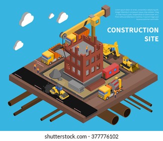 Construction site with building block of flats symbols on blue background isometric vector illustration 