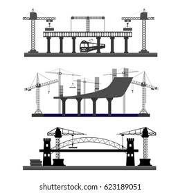 Construction site, building bridge construction,. Workers or builders build a bridges .  Vector  illustration