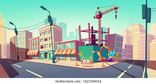 Construction site with building crane on empty city street with excavator fenced traffic cones and road closed warning sign. Engineering works in town, architecture project Cartoon vector illustration