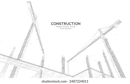 Construction site with building equipment isolated in white background. Abstract polygonal wirefrme concept of construction. Vector sketch illustration