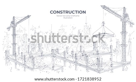 Construction site with building equipment isolated in white background. 3d working tower cranes in the city. Abstract polygonal concept of construction. Vector sketch illustration