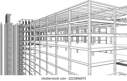 construction site building frame structure with crane lift 3D illustration line