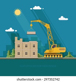 Construction site, building. Front apartment house. Industrial concept. Flat style vector illustration.