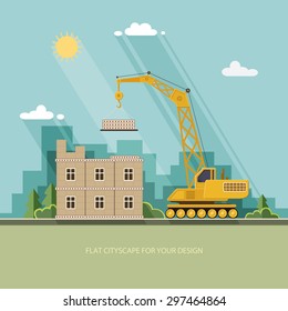 Construction site, building. Front apartment house. Industrial concept. Flat style vector illustration.