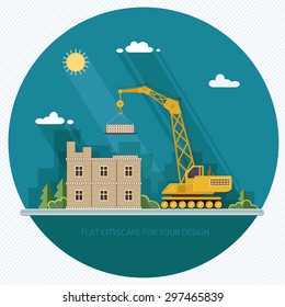 Construction site, building. Front apartment house. Industrial concept. Flat style vector illustration.