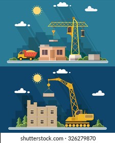 Construction site, building. Front apartment house. Industrial concept. Flat style vector illustration.
