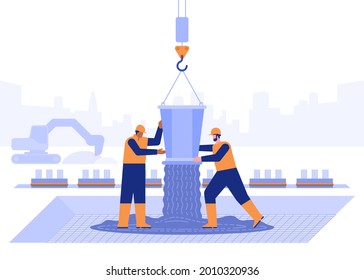 Construction site of building house concept. Builders make foundation, pours concrete, excavator digs. Real estate business, industrial workers job. Vector illustration scene with people characters