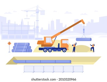 Construcción del concepto de vivienda. Equipo de constructores hace tuberías, tuberías tendidas en el suelo, grúas de camiones cargadas. Negocios inmobiliarios. Escena de ilustración de vector con caracteres pequeños