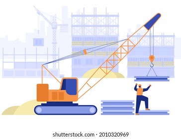 Construction site of building house concept. Crane loads plates, builder works on multi-storey buildings. Real estate business, industrial workers job. Vector illustration scene with people character