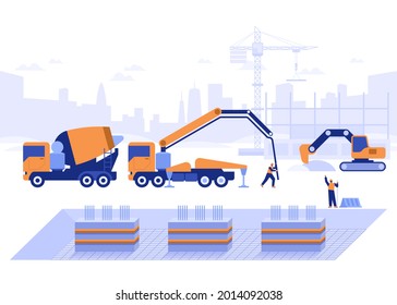 Construction site of building house concept. Team of builders makes foundation, pours concrete from concrete pump, excavator digs. Real estate business. Vector illustration scene with tiny characters