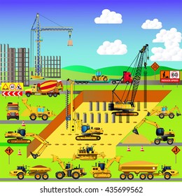 Construction site, building a house. Early stages. Vector illustration. Isometric style