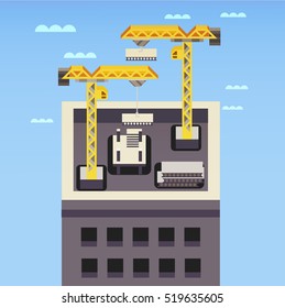 Construction site, building a house. flat design modern vector illustration concept.  art style design for business startup. Construction with building crane and excavator