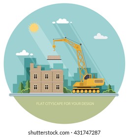 Construction site, building a house. Front apartment. Flat style vector illustration.