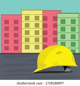Construction site, building a house. Illustration Tractor plowing a area for construction,International Labor Day, International worker day on 1 May with helmet and building Vector illustration.