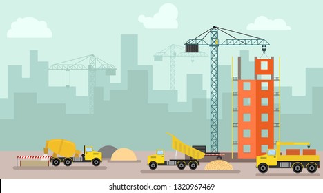 Construction site, building a house. Building poster in modern style. Process of construction of residential houses isolated. Big building dormitory area.