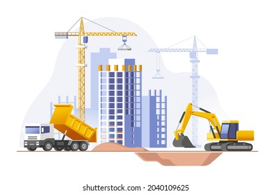 Construction site, building a house. Real estate business. Vector illustration.