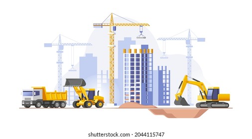 Construction site, building a house. Real estate business. Vector illustration.