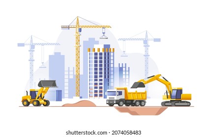 Construction site, building a house. Real estate business. Vector illustration.