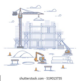 Baustelle, Bau eines Hauses. Dünne Linien flaches Design, modernes Vektorgrafik-Konzept. Designs für schlanke Kunst für Unternehmensgründungen. Bau mit Baukran und Bagger