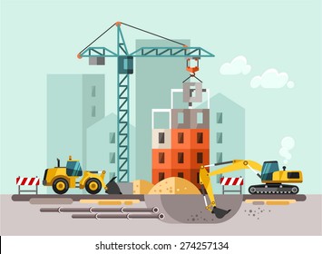 Construction site, building a house - vector flat illustration.