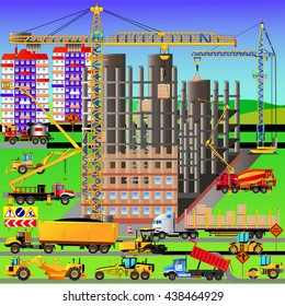 Construction site, building a house. Vector illustration. Heavy construction equipment. All elements are on isolated layers. Isometric style