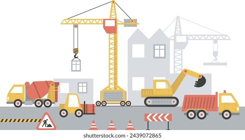 Construction site, building a house. Working process. Tower crane, excavator, dump truck and various heavy machinery. Vector flat illustration