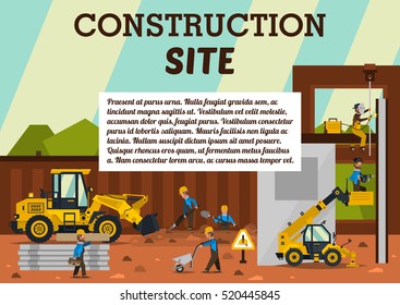 Construction site. The construction of the building. Isolated elements. Builders are doing their job. Front loaders. Template for text. Vector illustration. Flat style