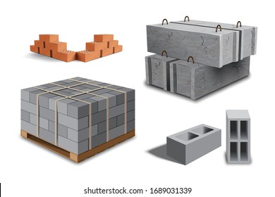 Construction site. Building materials. Construction materials. Concrete block on wooden pallet. Red brick walls. Angular laying. Cement building blocks. 