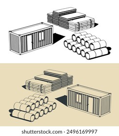 Construction site with building materials and a house for builders