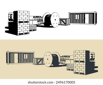 Construction site with building materials and a house for builders