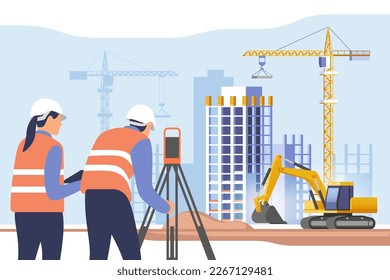 Construction site. Building work process with houses and construction machines. Surveyor engineers with equipment, theodolite or total positioning station. Vector illustration.