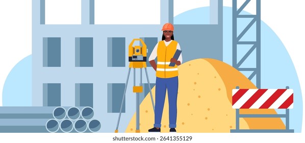 Construction site. Building work process with houses and construction machines. Surveyor engineers with equipment, theodolite or total positioning station. Vector illustration.