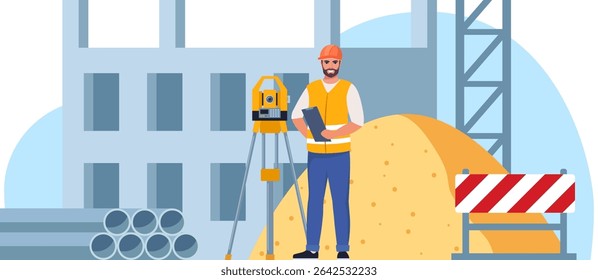 Construction site. Building work process with houses and construction machines. Surveyor engineers with equipment, theodolite or total positioning station. Vector illustration.