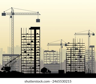 Construction site with buildings and cranes. skyscraper under construction. excavator, dump truck, tipper. vector illustration, foggy sky and cityscape silhouette