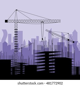 Construction site with buildings and cranes. Skyscraper under construction. Vector illustration