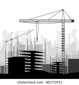 Construction site with buildings and cranes. Skyscraper under construction. Vector illustration