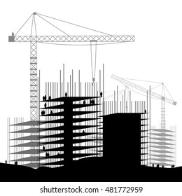 Construction site with buildings and cranes. Skyscraper under construction. Vector illustration