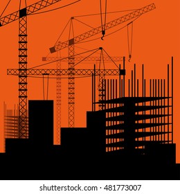 Construction site with buildings and cranes. Skyscraper under construction. Vector illustration