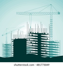 Construction site with buildings and cranes. Skyscraper under construction. Vector illustration