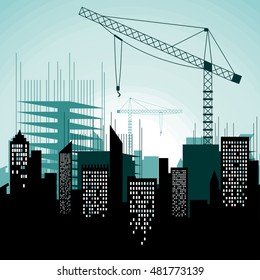 Construction site with buildings and cranes. Skyscraper under construction. Vector illustration
