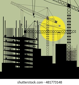 Construction site with buildings and cranes. Skyscraper under construction. Vector illustration