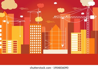Lugar de construcción con edificios y grúas fondo de ilustración vectorial
