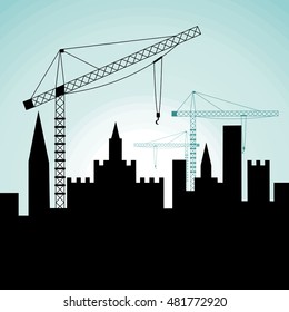Construction site with buildings and cranes. Vector illustration