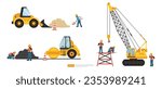 Construction site. bulldozer, lifter crane vehicle, road roller. heavy equipment and Builder or worker set. Vector illustration in flat tyle.