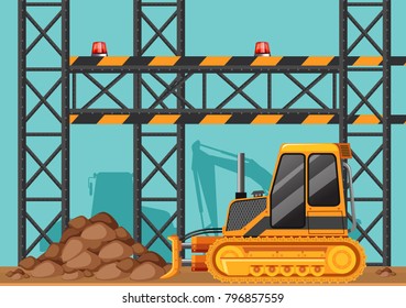 Ilustración del sitio de construcción con bulldozer y barras de metal