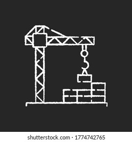 Construction site chalk white icon on black background. Crane for building and lifting concrete. Worker for urban constructing of apartment tower. Isolated vector chalkboard illustration