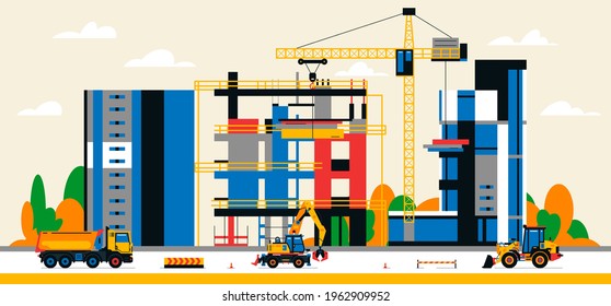 Construcción en la ciudad entre edificios de la ciudad. Edificio en construcción y equipo de servicios. Máquinas pesadas, vehículos comerciales, grúas, casas, edificios. Ilustración vectorial.
