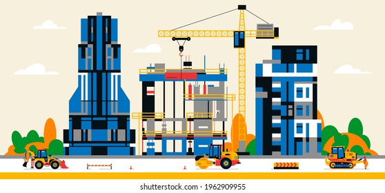 Construction site in the city between city buildings. Building under construction and service equipment. Heavy machinery, commercial vehicles, crane, houses, buildings. Vector illustration.